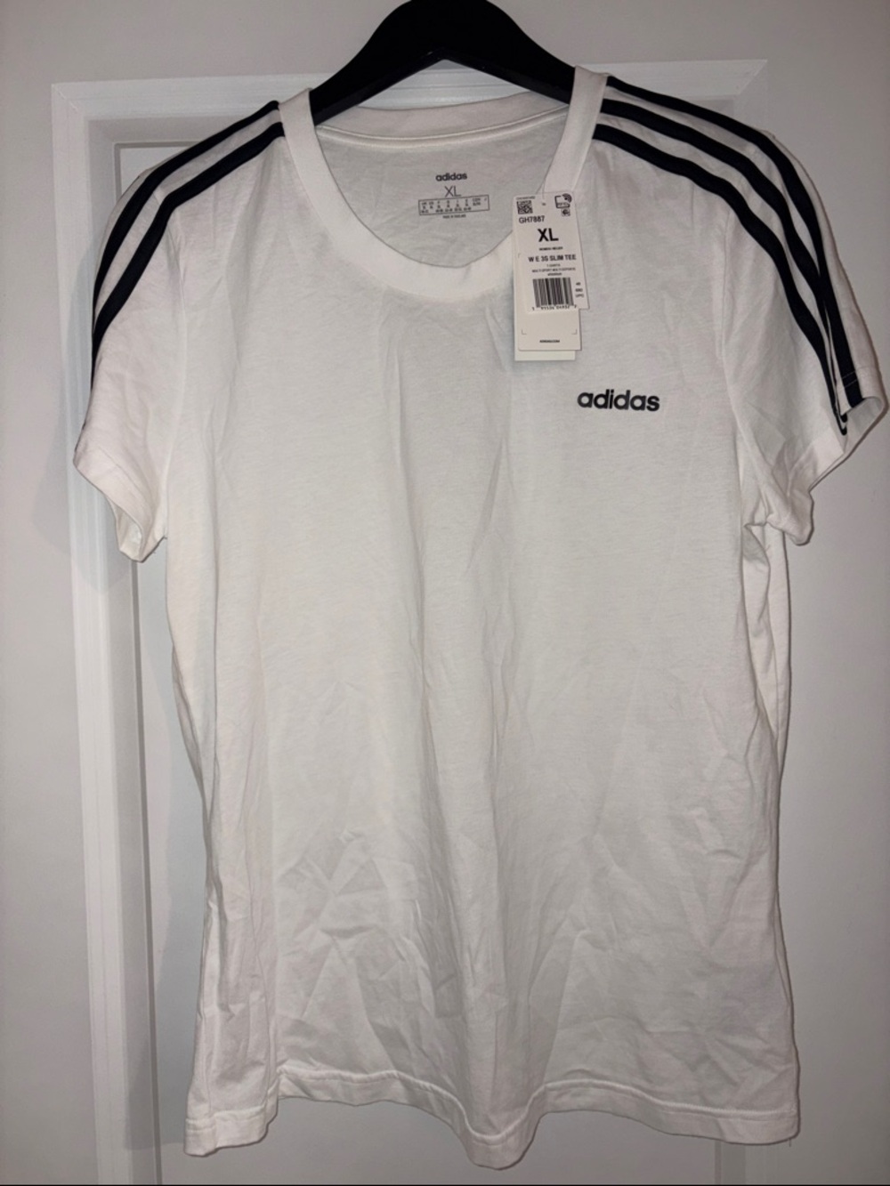 adidas White Tee with Black Shoulder Stripes - XL